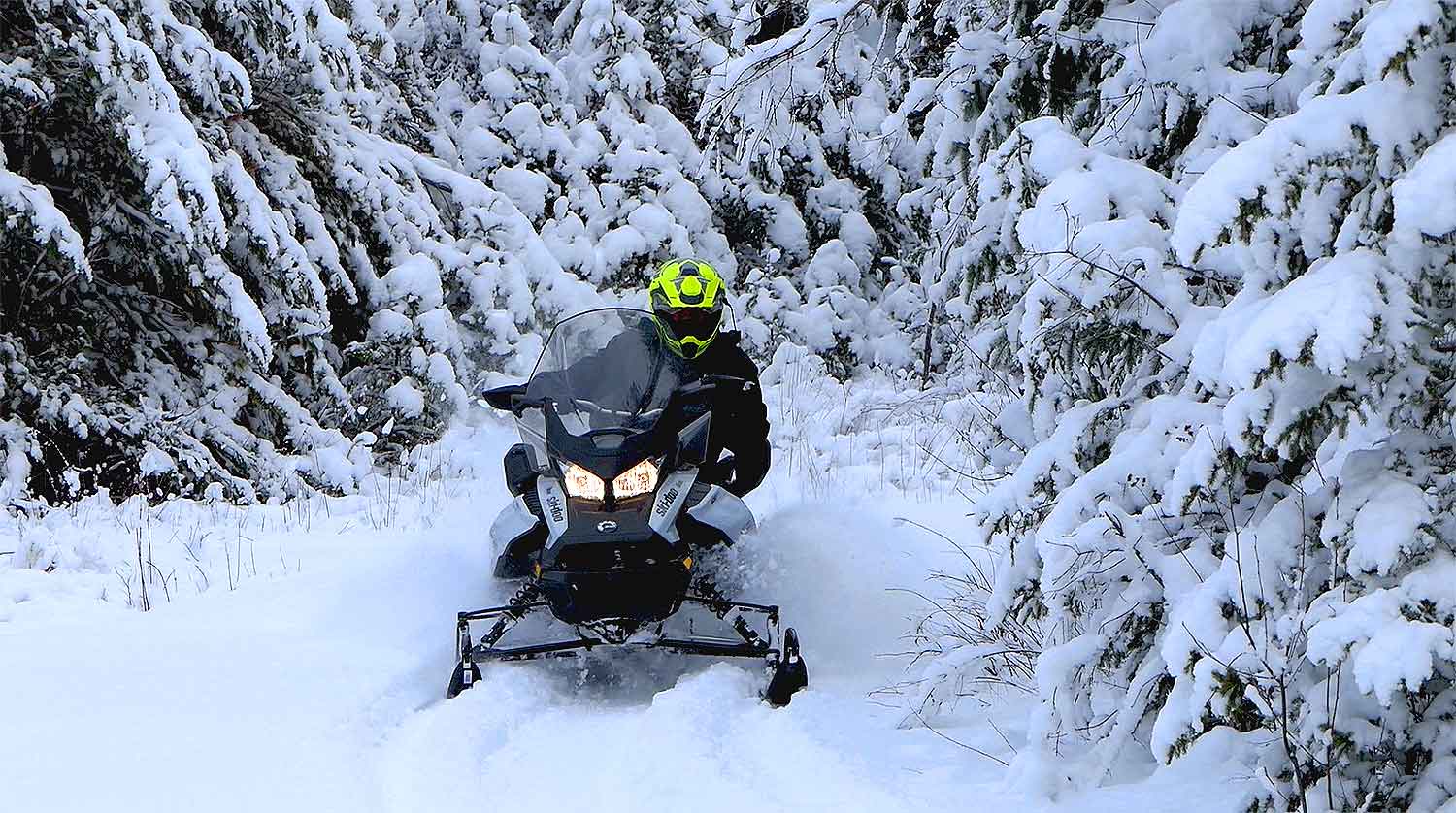 Person snowmobiling on winter trail among snow covered trees