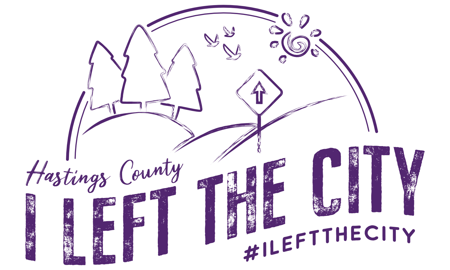 Logo for I Left The City. Hand drawn logo in purple colour with hills, trees, birds and a sun.