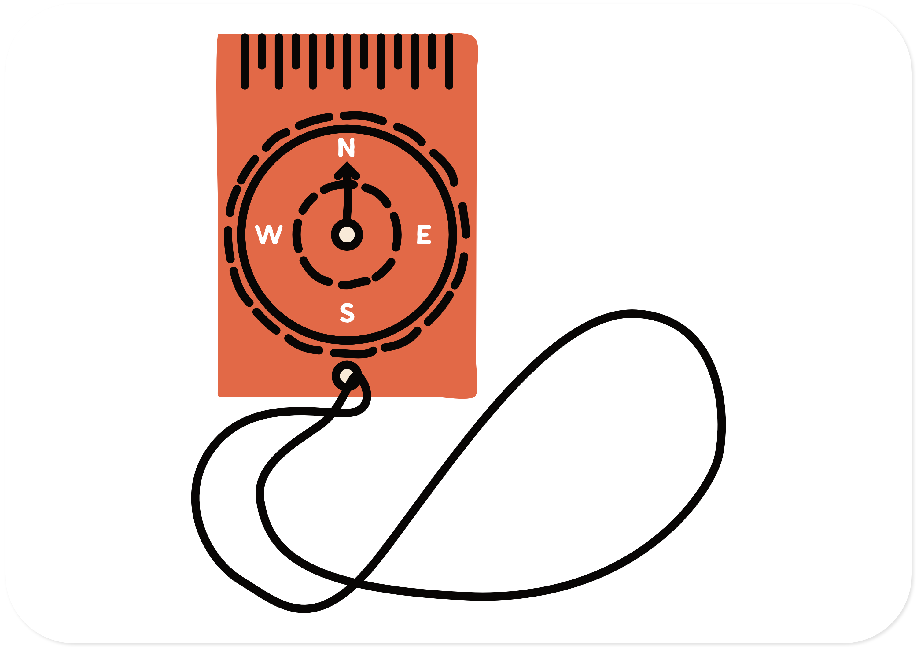 Adventures Icon, a drawing of a red compass with a string.