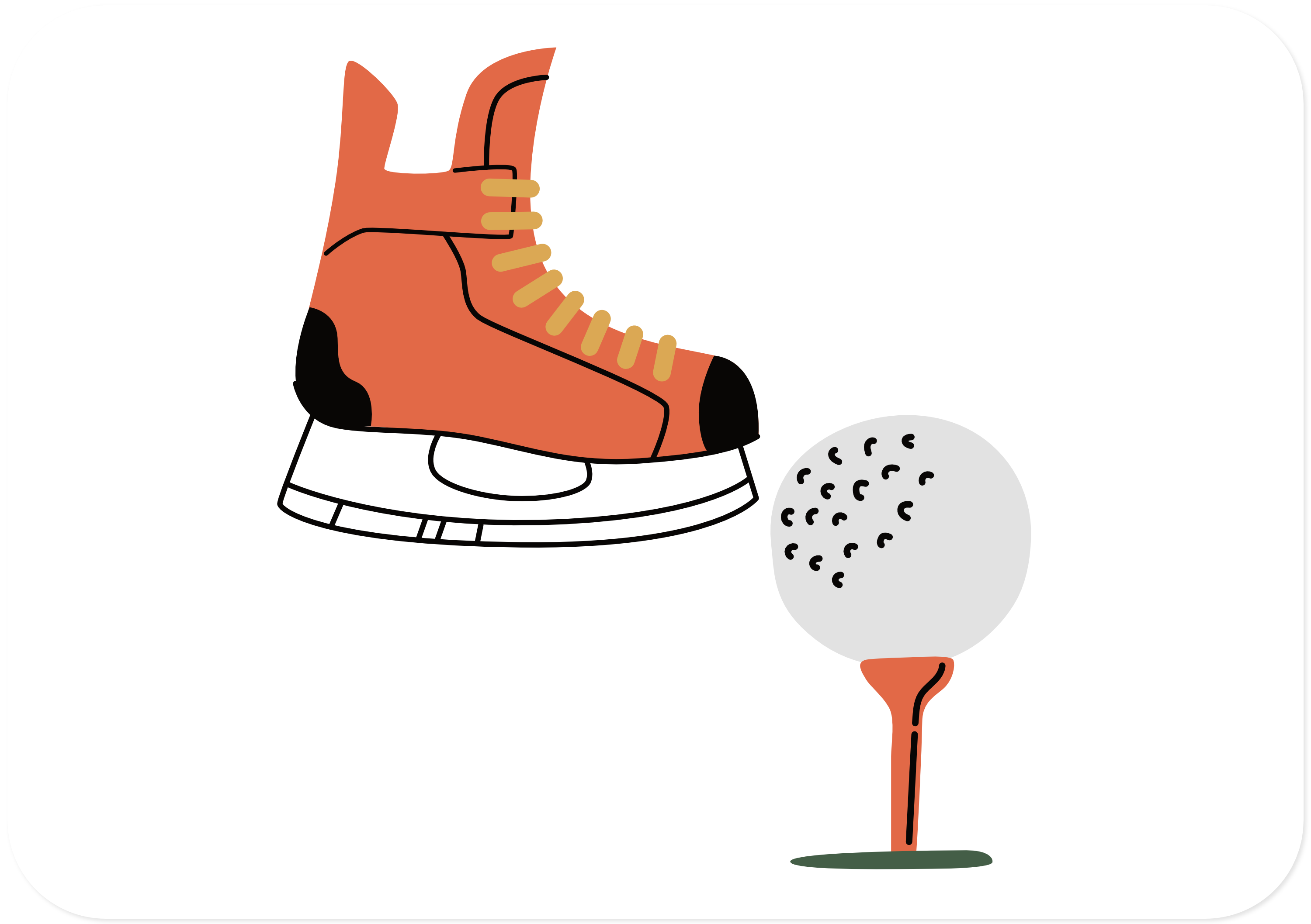 Sports Icon, a drawing of a hockey skate and a golf ball on a tea.