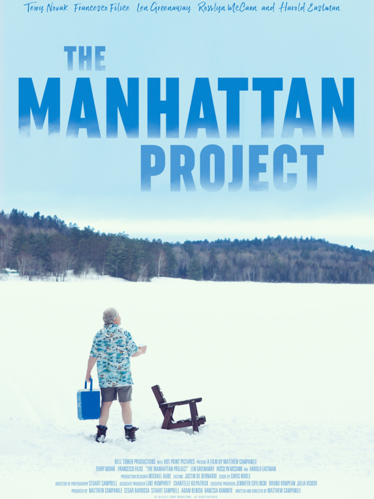The Manhattan Project movie poster. A person standing in the winter next to a wood chair wearing a tropical shirt. 