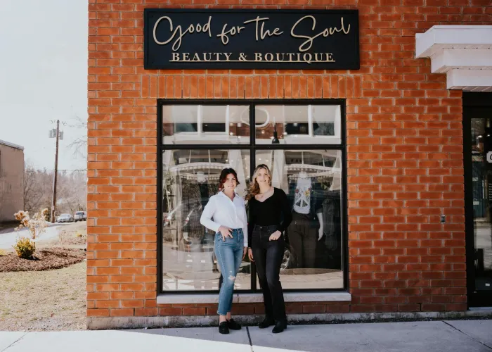 Owners, Brooke and Courtney, standing outside new location of Good for the Soul Beauty Boutique in downtown Marmora, Ontario