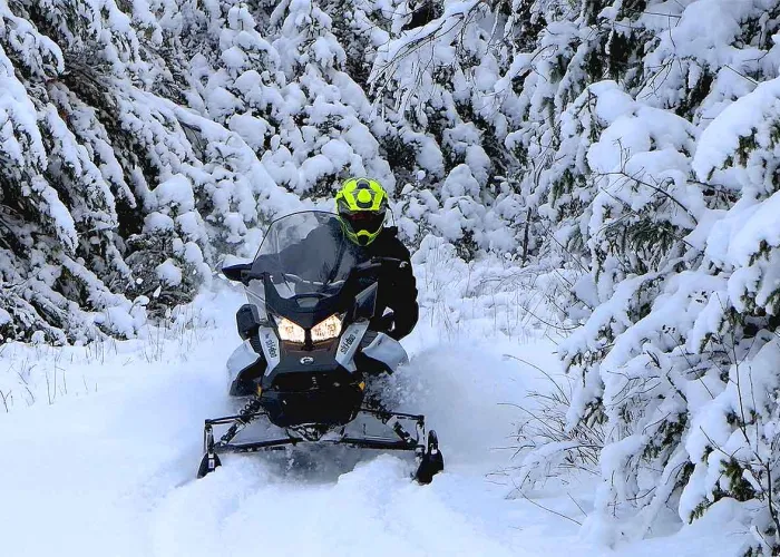 Person snowmobiling on winter trail among snow covered trees