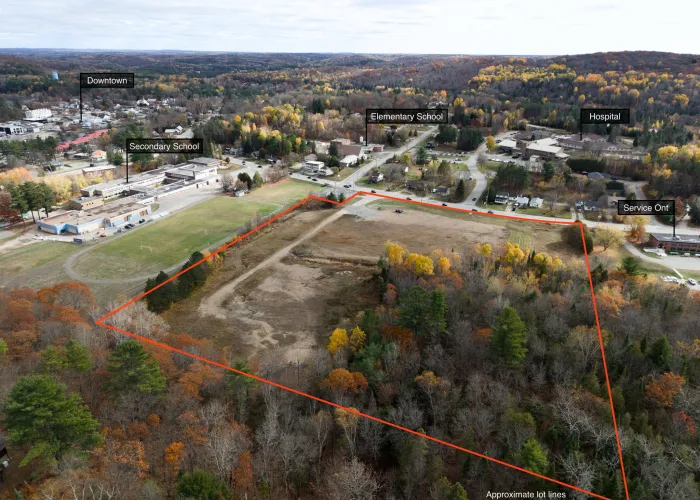Vacant lot with red rectangle around it. Flags for School, Downtown, Hospital in the distance to show its close proximity. 