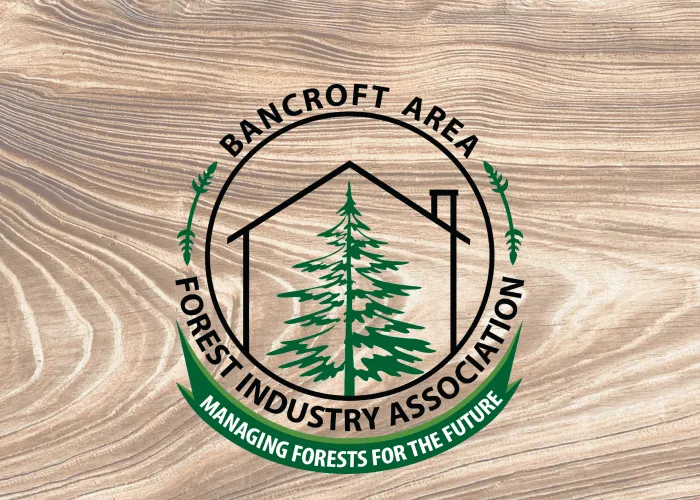 Bancroft Area Forest Industry Association Logo on a wood background. The logo black line drawing of a house with a green tree drawing inside it. 