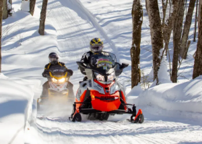 People snowmobiling on a forest trail. Two snowmobiles one red and one yellow with trees in the background.