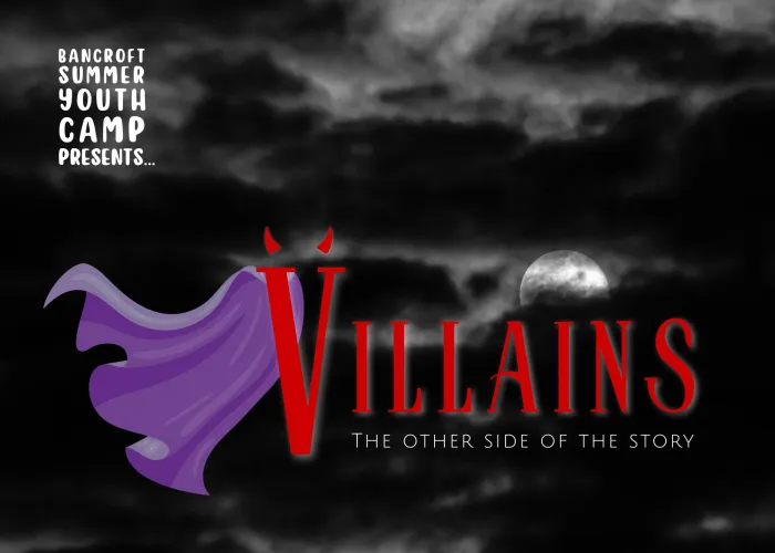 Dark, cloudy background, moon covered by clouds, event details, purple cape flowing from V in event name