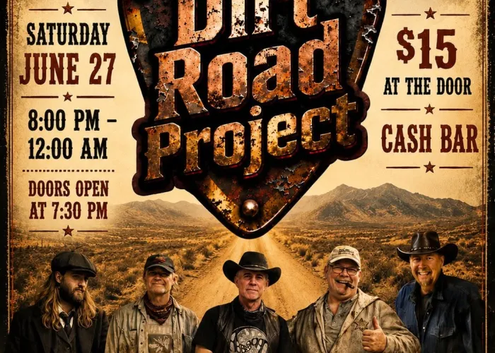 grainy style poster, image of five band members, road and hills in background, event organizer and details included