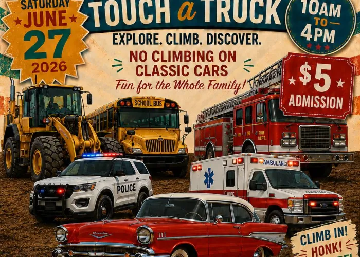 Event name and details, images of tractor, school bus, fire truck, ambulance, police vehicle and a classic car