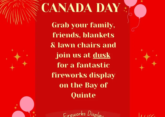 Red background, cartoon balloons and fireworks, town of deseronto logo and event details