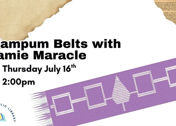 Purple Wampum Belt with white stitching, DPL logo, event details