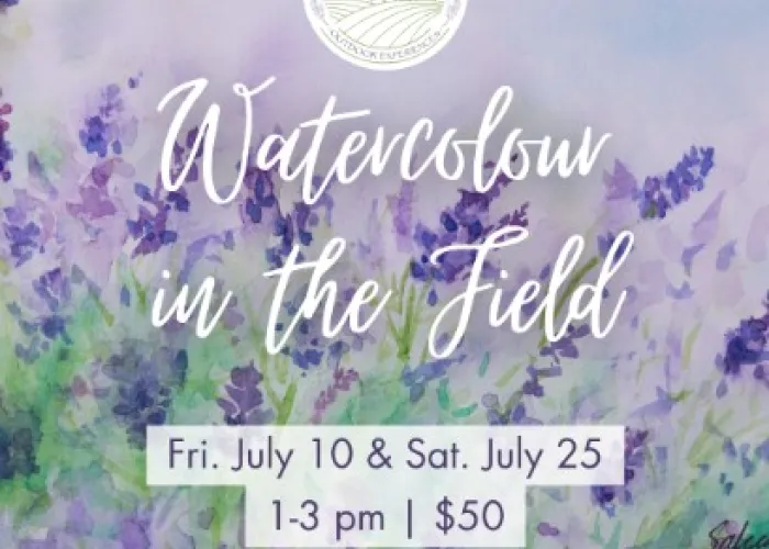Watercolour painting of lavender, venue logo, event details
