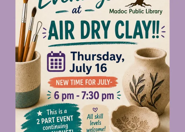Poster, Library logo, event name and details, cream and purple colour scheme, image of pottery with leaves carved in, cup of carving tools