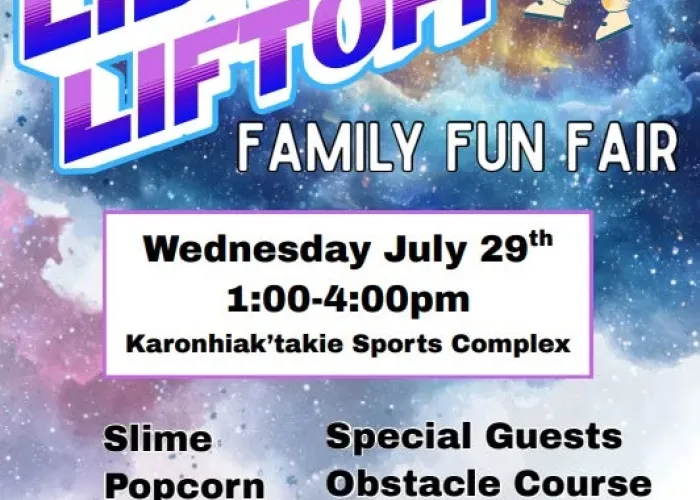 Purple and blue starry space in background, purple and blue name of event with astronaut beside, event details