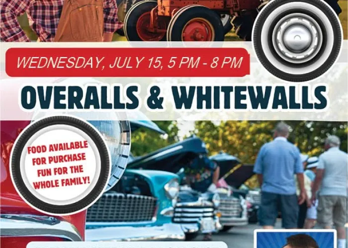 Line of old tractors, man in overalls, line of old cars, photo of performer, event details