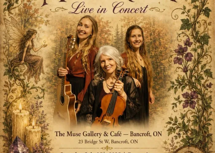 Three members of Mystikana together holding a guitar and violin, event details below, imagery of fairy, moth, plants, crystals, stars, and moon around outside
