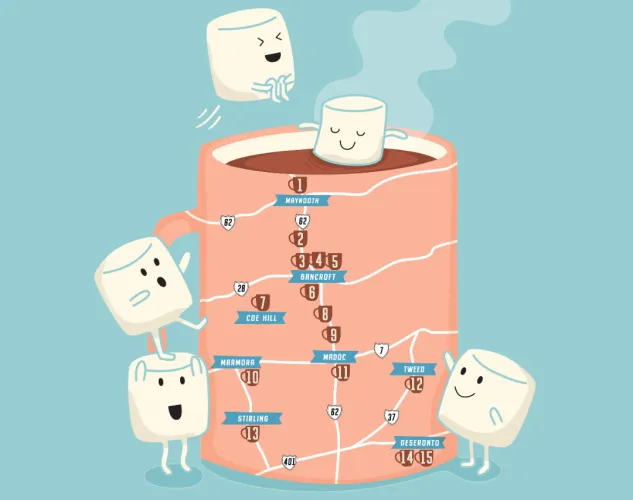 Cartoon of marshmellows climbing into hot chocolate, map on the mug showing places to get hot chocolate in Hastings County. 